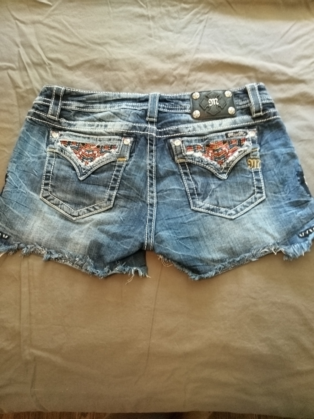 Miss Me Distressed Denim Cutoff Shorts with Beaded Pockets - Blue